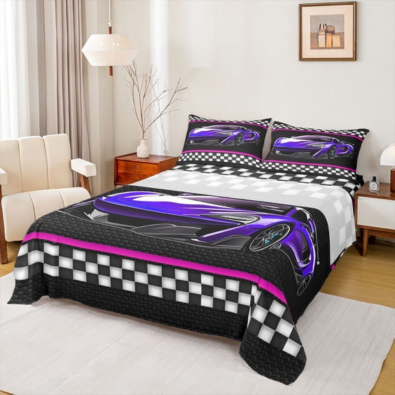 Feelyou Fashion Purple Racing Car Twin Sheet Sets for Boys, Modern Extreme Sports Twin Fitted Sheet, Checkered Flag Flat Sheet, Ultra Soft Bedroom Decor, 3-Piece