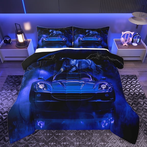 Feelyou Fashion Race Car Bedding Comforter Set for Kid, Blue Racing Horse Twin Comforter Sets, Neon Blue Lightning Reversible Bedding Set, Super Cozy Room Decor, 2 Pieces