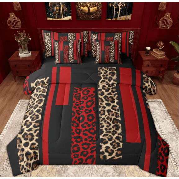 Feelyou Fashion Red Abstract Bedding Comforter Set 7pcs, Cheetah Leopard Print King Bedding Sets, Chic Polkadots Reversible Bed Sheets, Lightweight Room Decor