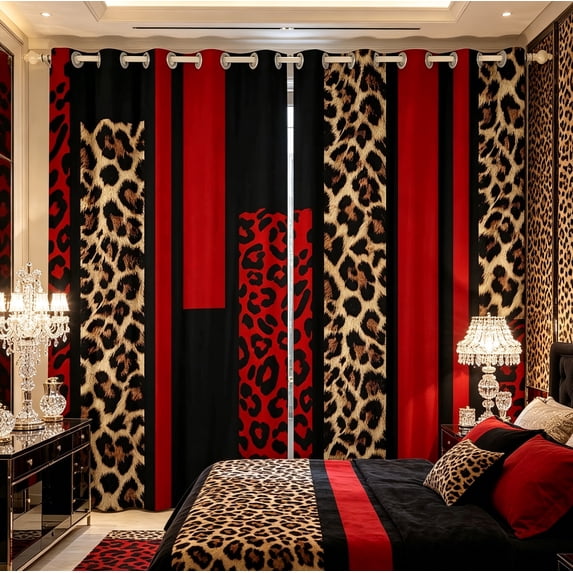 Feelyou Fashion Red Abstract Black Out Curtains, Cheetah Leopard Print Curtains Pack of 2 (42x63 Each), Chic Polkadots Bedroom Curtains, Blackout Curtains Room Decor