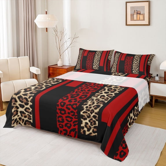 Feelyou Fashion Red Abstract Full Size Sheets, Cheetah Leopard Print Bed Sheets, Chic Polkadots Sheet Sets, Lightweight Room Decor, 4 Pieces