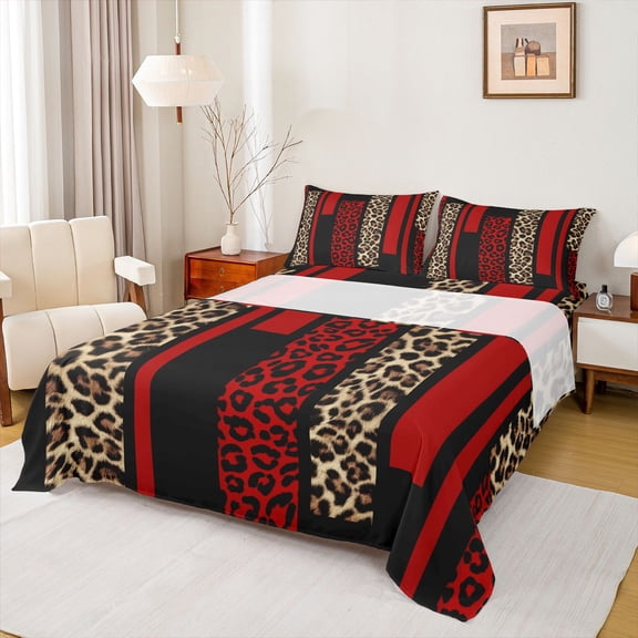 Feelyou Fashion Red Abstract Full Size Sheets, Cheetah Leopard Print Bed Sheets, Chic Polkadots Sheet Sets, Lightweight Room Decor, 4 Pieces