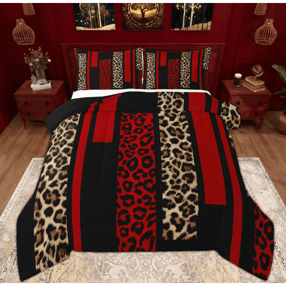Feelyou Fashion Red Abstract Queen Comforter Set, Cheetah Leopard Print Bedding Sets, Chic Polkadots Reversible Bedding Comforter Set, Lightweight Room Decor, 3 Pieces