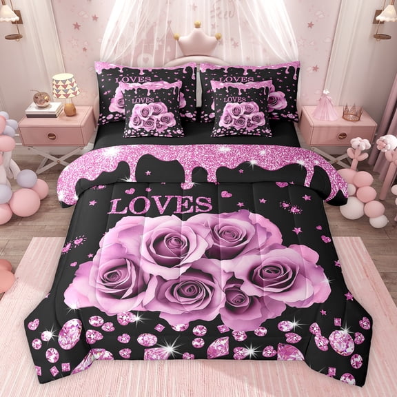 Feelyou Fashion Romantic Rose Bedding Comforter Set 7pcs, Valentines Day Floral King Bedding Sets, Sequin Print Diamond Reversible Bed Sheets, Luxury Bedroom Decor
