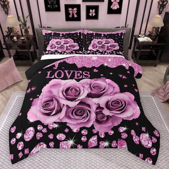 Feelyou Fashion Romantic Rose Bedding Comforter Set, Valentines Day Floral Twin Comforter Sets, Sequin Print Diamond Reversible Bedding Set, Luxury Bedroom Decor, 2-Piece