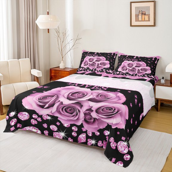Feelyou Fashion Romantic Rose Full Size Sheets, Valentines Day Floral Bed Sheets, Sequin Print Diamond Sheet Sets, Luxury Bedroom Decor, 4-Piece