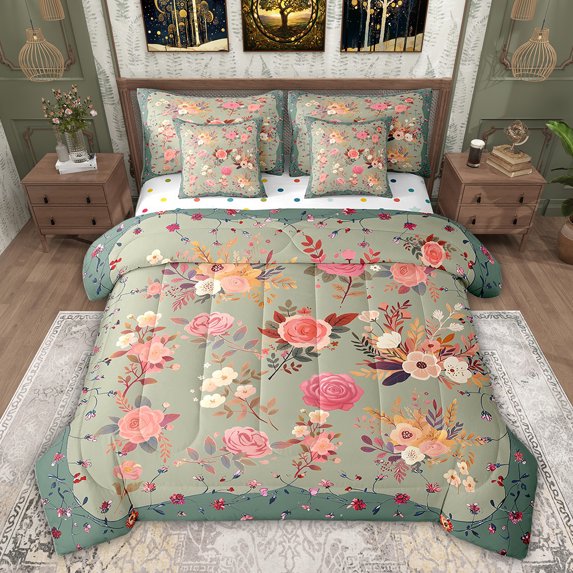 Feelyou Fashion Rose Floral Bedding Comforter Set 7 Pieces, Vintage Bohemian Flower Full Bedding Set, Teens Kids Girls Women Reversible Fitted Sheet Flat Sheet, Microfiber Bedroom Decor