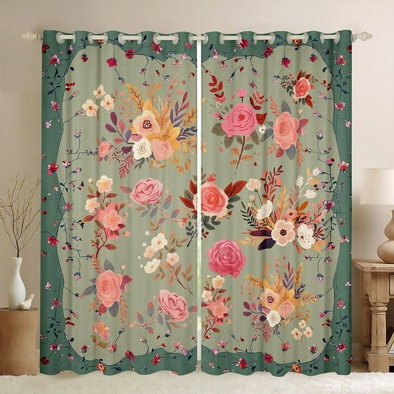 Feelyou Fashion Rose Floral Black Out Curtains, Vintage Bohemian Flower Curtains Pack of 2 (42x63 Each), Teens Kids Girls Women Bedroom Curtains, Window Curtains Decor