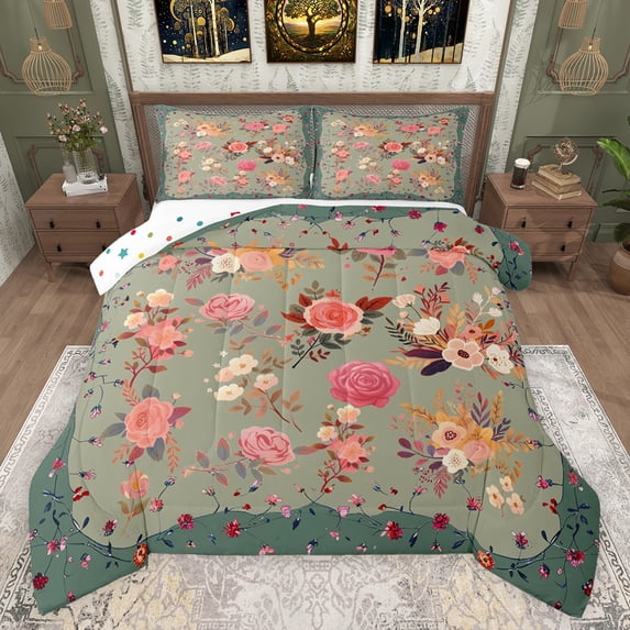 Feelyou Fashion Rose Floral Full Size Comforter Sets, Vintage Bohemian Flower Bedding Comforter Set, Teens Kids Girls Women Reversible Bedding Sets, Microfiber Bedroom Decor, 3 Pieces