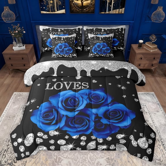 Feelyou Fashion Rose Flower Bedding Comforter Set 7 Pieces, Valentines Day Floral Blue Full Bedding Set, Sequin Print Diamond Reversible Fitted Sheet Flat Sheet, Ultra Soft Bedroom Decor