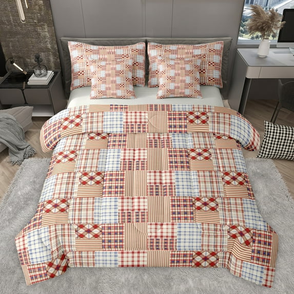 Feelyou Fashion Rustic Plaid Bedding Comforter Set 7 Pieces for Adult, Square Abstract Ombre Full Bedding Set, Chic Buffalo Reversible Fitted Sheet Flat Sheet, Super Cozy Room Decor