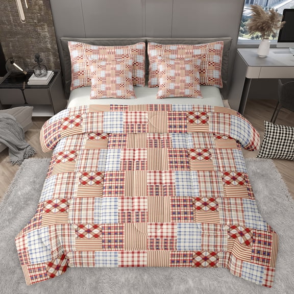 Feelyou Fashion Rustic Plaid Bedding Comforter Set 7 Pieces for Adult, Square Abstract Ombre Full Bedding Set, Chic Buffalo Reversible Fitted Sheet Flat Sheet, Super Cozy Room Decor