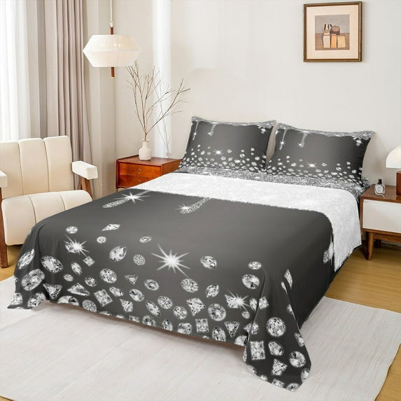 Feelyou Fashion Sequin Print Bed Sheets for Girls, Glitter Luxury Diamond King Sheets, Princess Style Sheet Set, Lightweight Room Decor, 4 Pieces