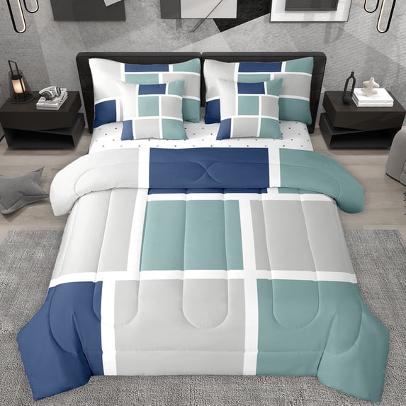 Feelyou Fashion Square Abstract Bedding Comforter Set 7 Pieces for Men, Green Grey Art Patchwork Full Bedding Set, Buffalo Plaid Reversible Fitted Sheet Flat Sheet, Super Cozy Room Decor