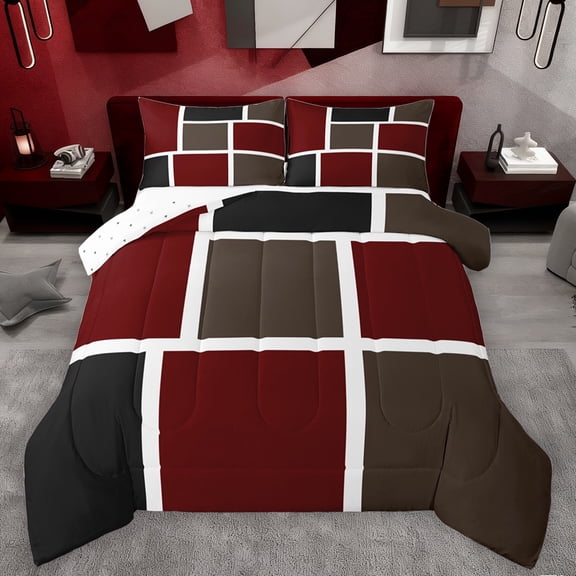Feelyou Fashion Square Abstract Bedding Comforter Set for Men, Red Brown Art Patchwork Twin Comforter Sets, Buffalo Plaid Reversible Bedding Set, Microfiber Bedroom Decor, 2 Pieces