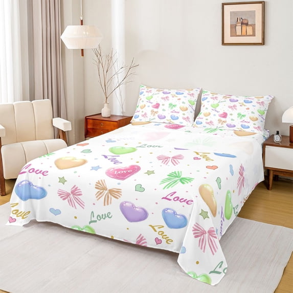Feelyou Fashion Stripes Bowknot Full Size Sheets, Kawaii Colorful Love Heart Bed Sheets, Teens Kids Boys Girls Sheet Sets, Breathable Home Decor, 4pcs