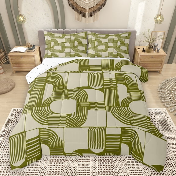 Feelyou Fashion Stripes Green Queen Comforter Set, Neutral Minimalism Bedding Sets, Teens Kids Boys Girls Reversible Bedding Comforter Set, Lightweight Room Decor, 3pcs