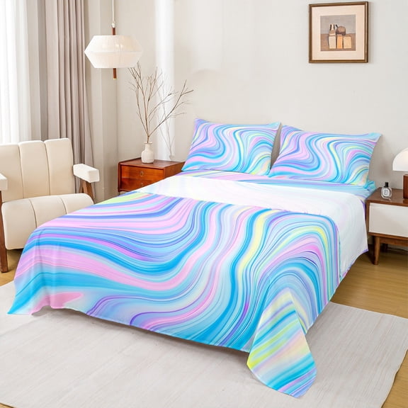 Feelyou Fashion Stripes Lines Queen Sheet Sets, Chic Marbling Flat Sheet, Marble Abstract Ombre Queen Fitted Sheet, Microfiber Bedroom Decor, 4pcs