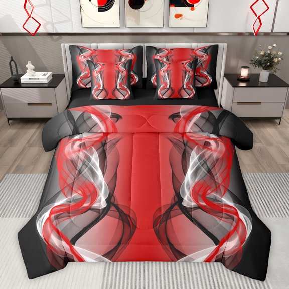 Feelyou Fashion Stripes Ombre Bedding Comforter Set 7pcs, Modern Striped Art King Bedding Sets, Red Black Aesthetic Lines Reversible Bed Sheets, Super Cozy Room Decor