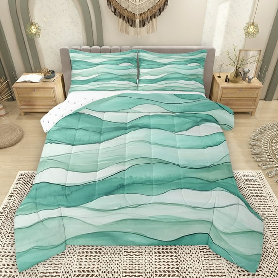Feelyou Fashion Stripes Ombre Bedding Comforter Set for Teens, Modern Stripe Waves Twin Comforter Sets, Cyan Watercolor Art Reversible Bedding Set, Luxury Bedroom Decor, 2-Piece