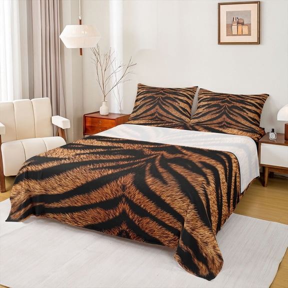 Feelyou Fashion Tiger Print Queen Sheet Sets, Brown Stripes Lines Bed Set, 4 Pieces