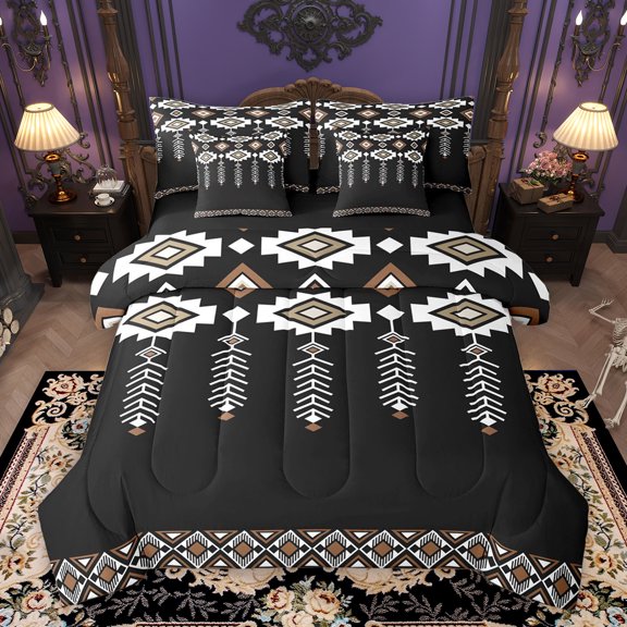 Feelyou Fashion Western Aztec Bedding Comforter Set 7pcs, Black White Abstract King Bedding Sets, Hippie Tribal Theme Reversible Bed Sheets, Luxury Bedroom Decor