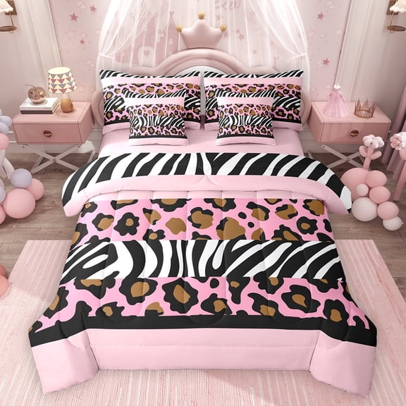 Feelyou Fashion Zebra Cheetah Print Twin Bedding Sets 7pcs, Pink Polkadots Comforter Set