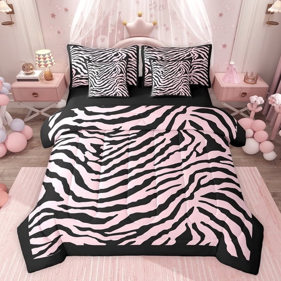 Feelyou Fashion Zebra Print Bedding Comforter Set 7pcs, Black Pink Lines Stripes King Bedding Sets, Teens Kids Boys Girls Reversible Bed Sheets, Luxury Bedroom Decor