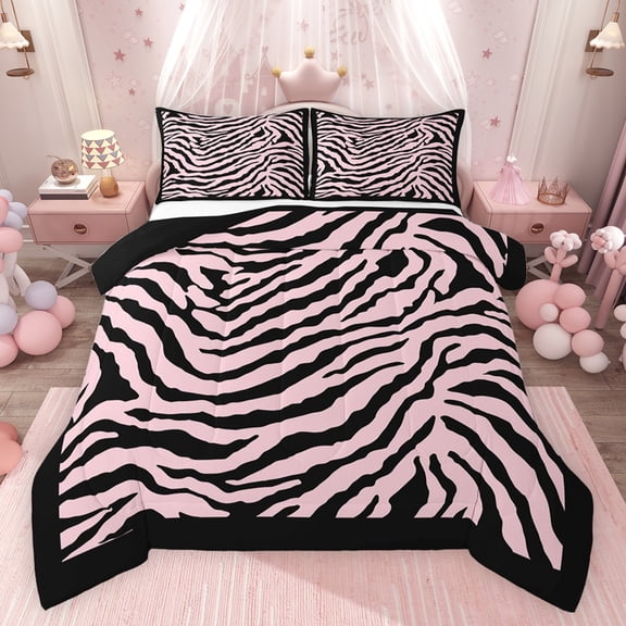 Feelyou Fashion Zebra Print Bedding Comforter Set, Black Pink Lines Stripes Twin Comforter Sets, Teens Kids Boys Girls Reversible Bedding Set, Luxury Bedroom Decor, 2-Piece