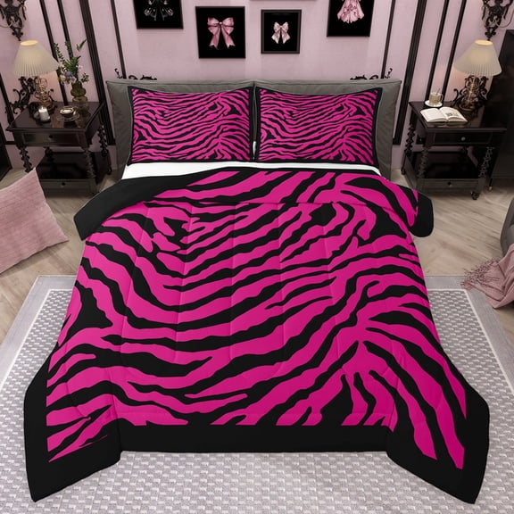 Feelyou Fashion Zebra Print Bedding Comforter Set, Deep Pink Lines Abstract Twin Comforter Sets, Teens Kids Boys Girls Reversible Bedding Set, Luxury Bedroom Decor, 2-Piece