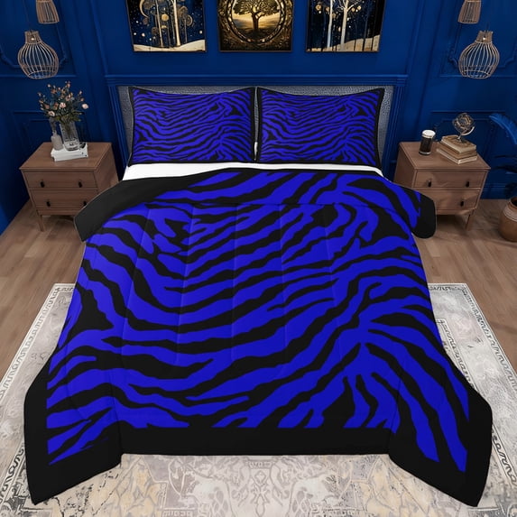 Feelyou Fashion Zebra Print Full Size Comforter Sets, Blue Lines Abstract Bedding Comforter Set, Teens Kids Boys Girls Reversible Bedding Sets, Ultra Soft Bedroom Decor, 3-Piece