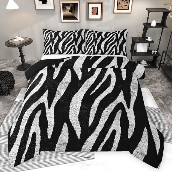 Feelyou Fashion Zebra Print Queen Comforter Set, Black Grey Lines Abstract Bedding Sets, Teens Kids Boys Girls Reversible Bedding Comforter Set, Breathable Home Decor, 3pcs