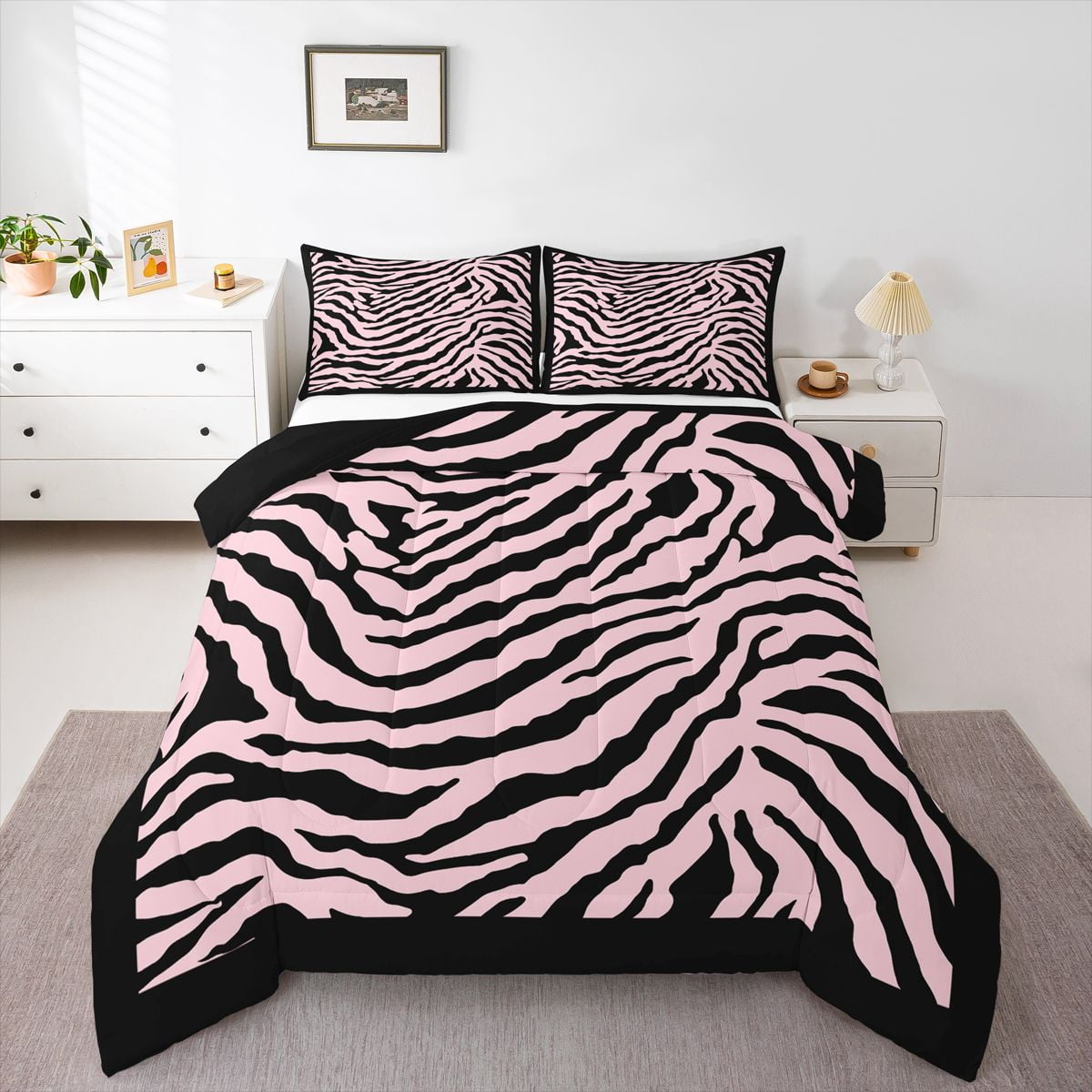 feelyou-fashion-zebra-print-queen-comforter-set-black-pink-lines