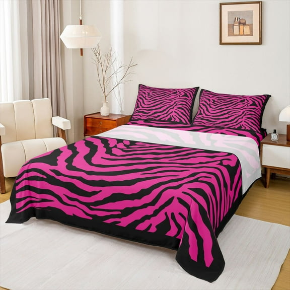 Feelyou Fashion Zebra Print Twin Sheet Sets, Deep Pink Lines Abstract Twin Fitted Sheet, Teens Kids Boys Girls Flat Sheet, Luxury Bedroom Decor, 3-Piece
