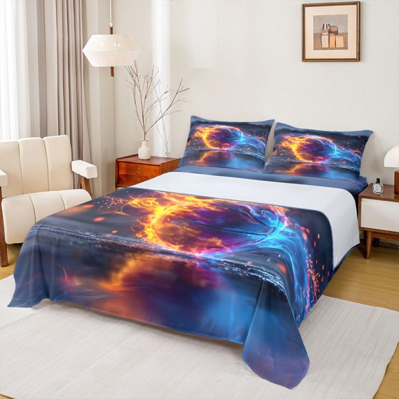 Feelyou Fire Basketball King Sheets for Boys, Cool Flame Bedding, Blue Orange, 4pcs, 1 Flat Sheet, 1 Fitted Sheet and 2 Pillowcases