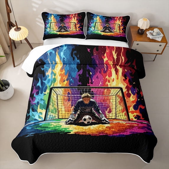Feelyou Fire Goalkeeper Soccer Twin Quilt Set for Boys, Rainbow Flame Football Twin Coverlet Set, 2-Piece