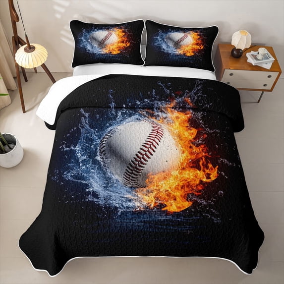 Feelyou Fire Water Baseball Bed Spread Queen for Boys, Blue Orange Splash Ball Queen Coverlet Set, 3 Pieces