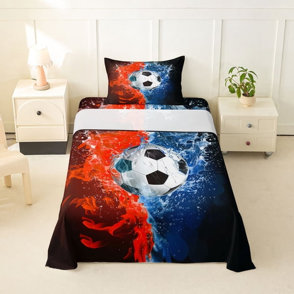 Feelyou Fire Water Sport Twin Sheets for Boys, Flame Soccer Ball Bedding, Red Blue, 3-Piece, 1 Flat Sheet, 1 Fitted Sheet and 1 Pillowcase