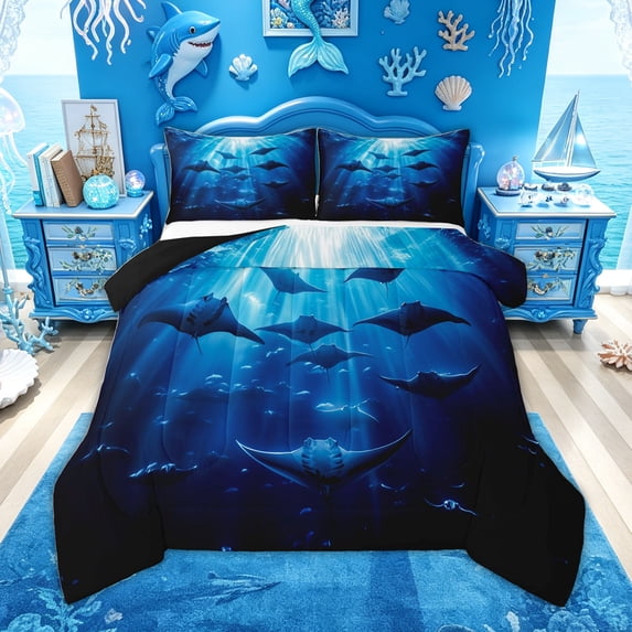 Feelyou Fish Underwater World Queen Comforter Set for Boys Girls, Cartoon Marine Animal Ocean Bedding Comforter Set, Navy, Black Reversible, 3pcs