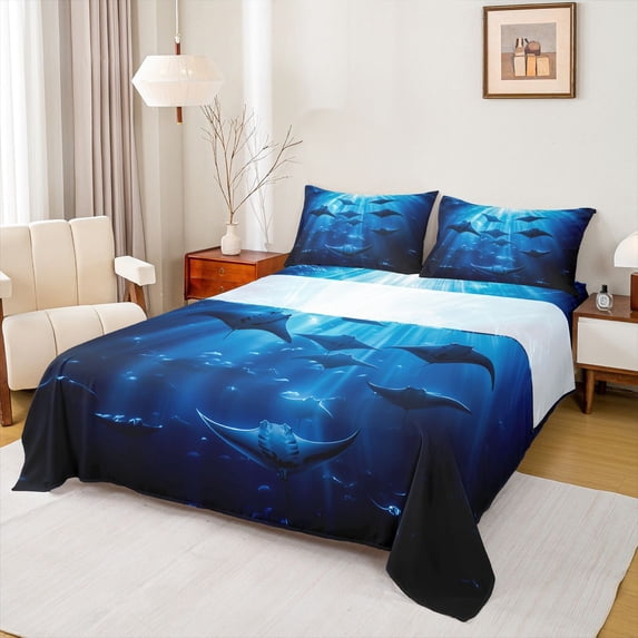 Feelyou Fish Underwater World Queen Sheet Sets for Boys Girls, Cartoon Marine Animal Ocean Bed Set, Navy, 4pcs