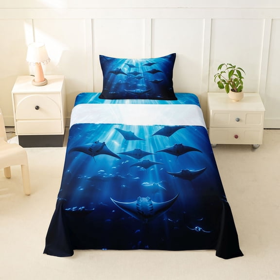 Feelyou Fish Underwater World Twin Sheet Sets for Boys Girls, Cartoon Marine Animal Ocean Bedding, Navy, 3pcs