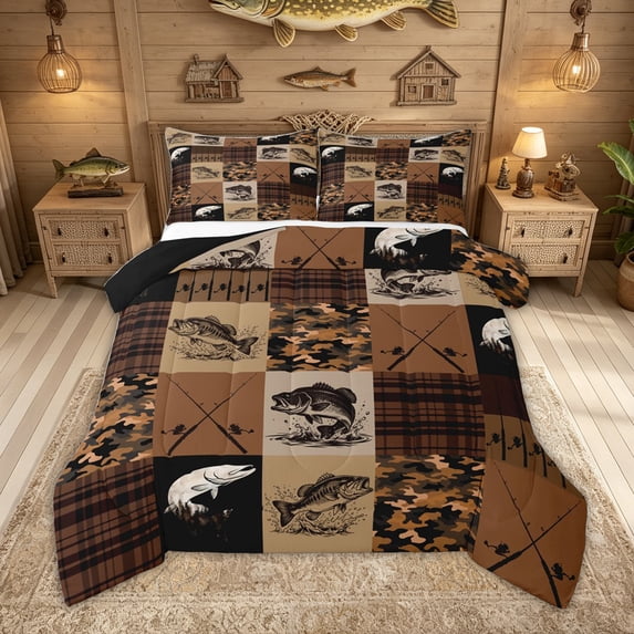 Feelyou Fishing Bass Full Size Comforter Sets for Men Kids Boys, Rustic Brown Camo Plaid Bedding Sets, Black Reversible, 3pcs