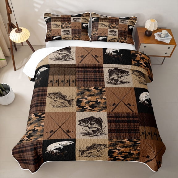 Feelyou Fishing Bass Twin Quilt Set for Men Boys, Rustic Brown Camo Plaid Twin Coverlet Set, 2pcs