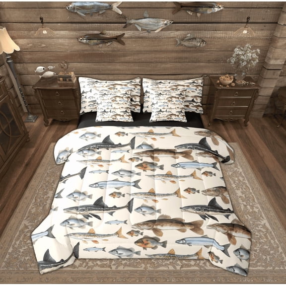 Feelyou Fishing and Hunting Bedding Comforter Set 7pcs, Pike Fish Animal Queen Bedding Sets, Teens Boys Girls Kids Reversible Queen Sheet Sets, Luxury Bedroom Decor