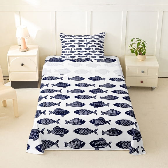 Feelyou Fishing Line Pike Fish Twin Sheet Sets for Men Boys, Rustic River Lake Animal Bedding, White Blue, 3-Piece