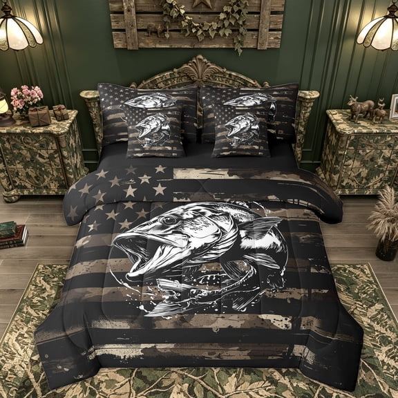 Feelyou Fishing Pike Fish Bedding Comforter Set for Men Boys, Vintage Camo US Flag Queen Bedding Sets, Grey Brown, Black Reversible, 7pcs