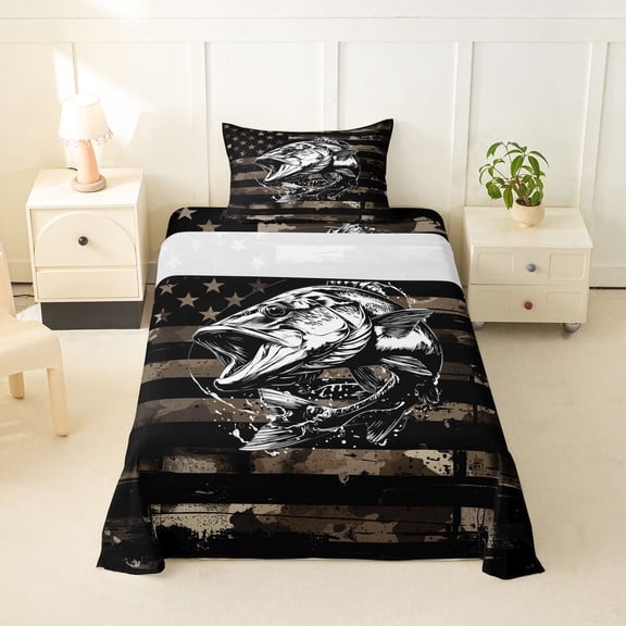Feelyou Fishing Pike Fish Twin Sheet Sets for Men Boys, Vintage Camo US Flag Bedding, Grey Brown, 3pcs