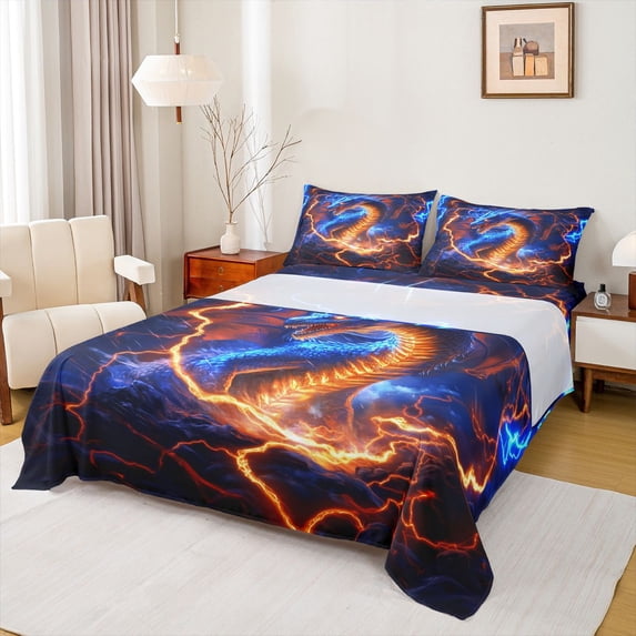 Feelyou Flame Dragon Queen Sheet Sets for Boys, Magical Lightning Animal Bed Set, Blue Orange, 4-Piece