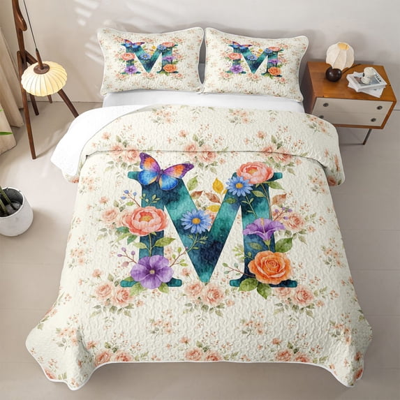 Feelyou Floral Alphabet M Bed Spread Queen for Women Girls, Watercolor Groovy Rose Queen Coverlet Set, Multi-Color, 3pcs
