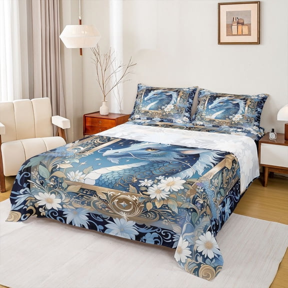 Feelyou Floral Blue Dragon Bed Sheets for Boys Girls Kids, Boho Wildlife King Sheets, Blue, 4pcs
